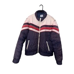 Vintage 80s Repage Puffer Jacket Navy White Red Corduroy Stripe Quilted L G3711